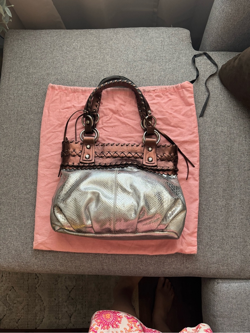 Francesco Biasia Silver and Brown Braided-Trim Shoulder Bag